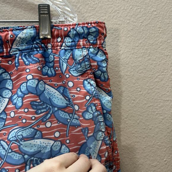 Vineyard Vines Lobster Print Swim Trunks Shorts Beach Surf Blue Red Mens L Mesh - Picture 3 of 8